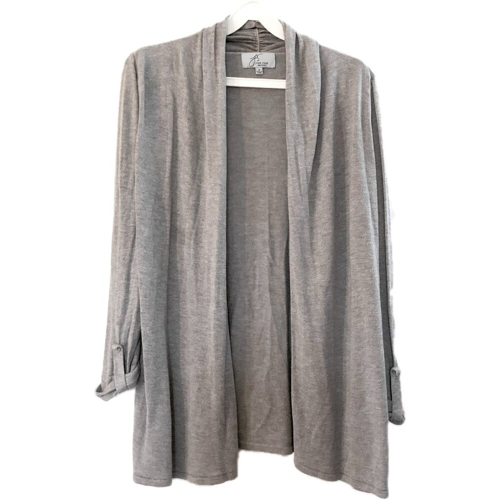 Joan Vass Cardigan  Size S Open Front Light Grey Knit Sweater Roll-tab Sleeves